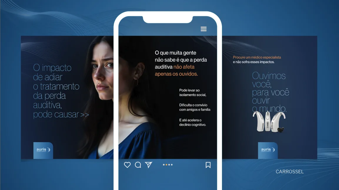 Mockup de carrossel Instagram Auris: o impacto de adiar o tratamento da perda auditiva