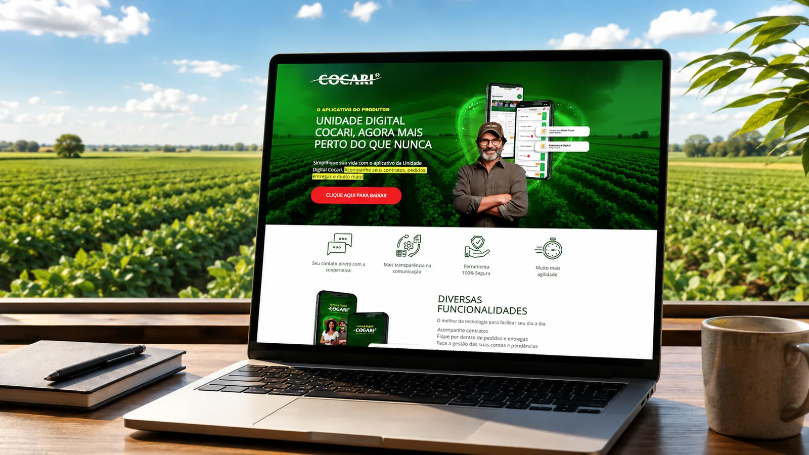 Landing page da Unidade Digital Cocari exibida em notebook
