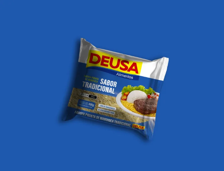Nova embalagem Deusa Alimentos: farofa pronta de mandioca sabor tradicional