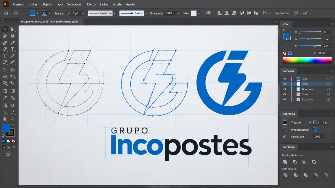 Vetorização do símbolo e do logotipo do Grupo Incopostes no Illustrator, com grid de construção