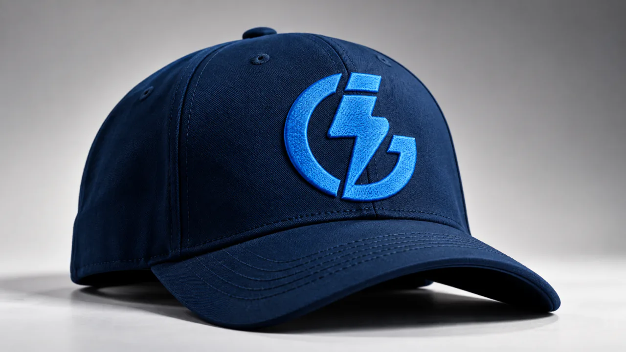 Mockup do símbolo do Grupo Incopostes bordado em um boné azul