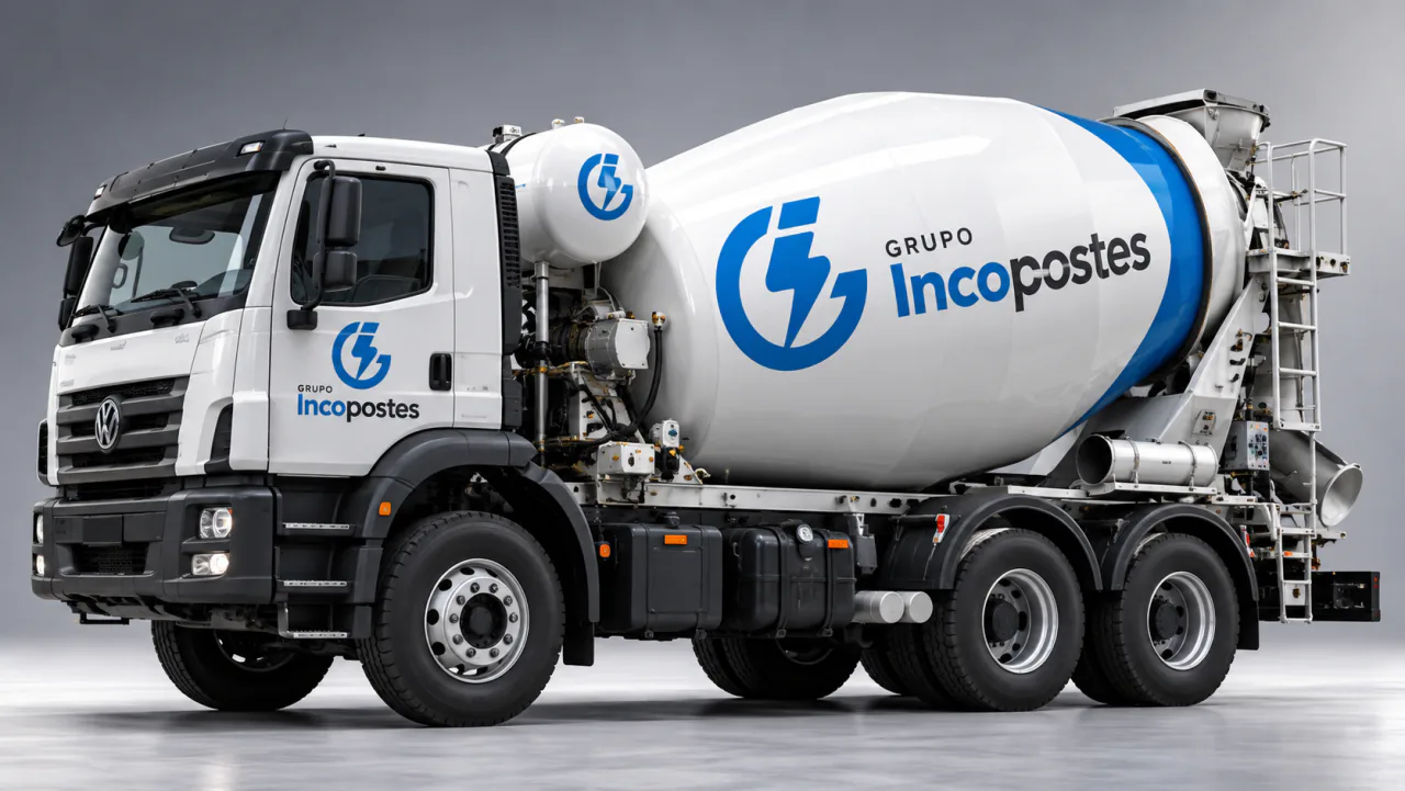 Mockup da nova marca do Grupo Incopostes aplicada em um caminhão betoneira