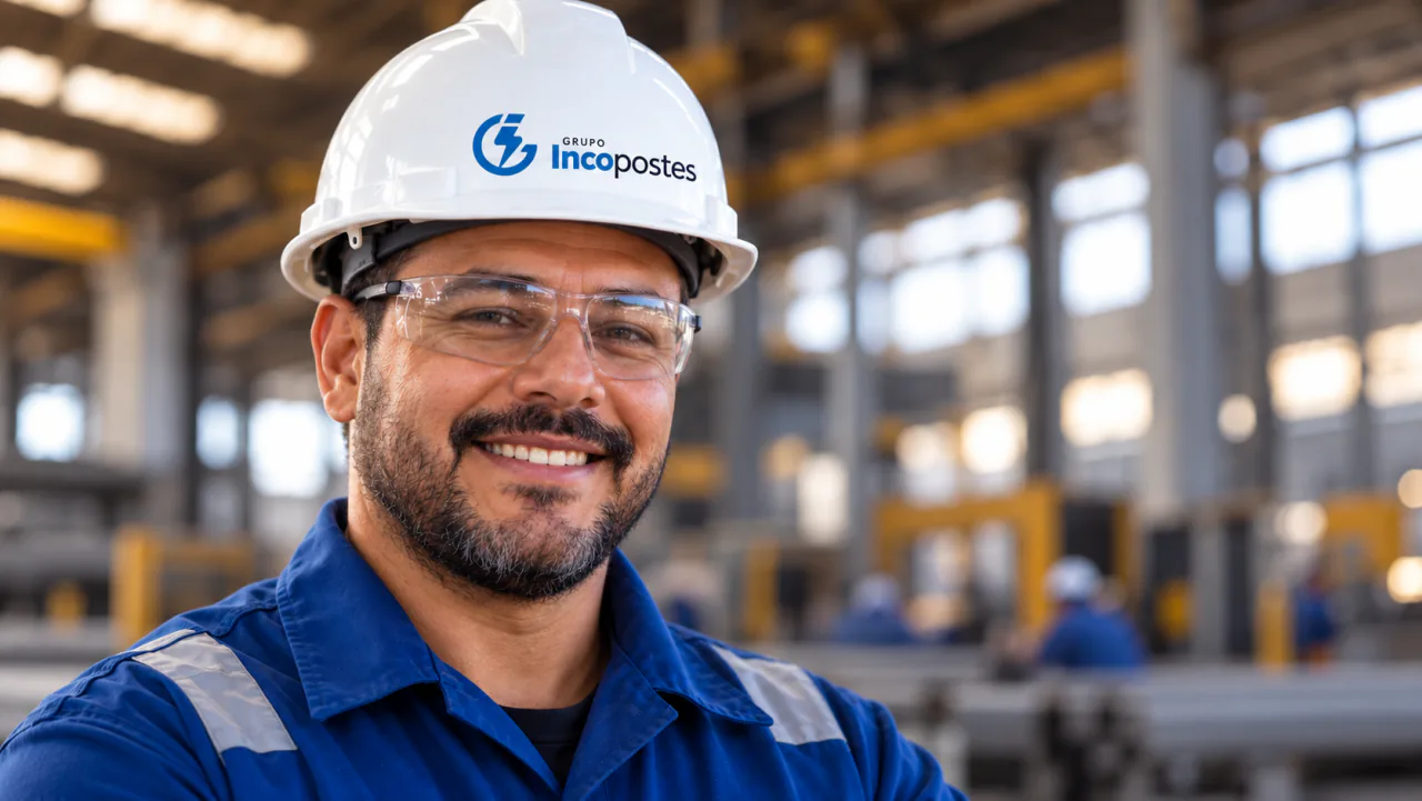 Mockup da nova marca do Grupo Incopostes no capacete de um colaborador na fábrica