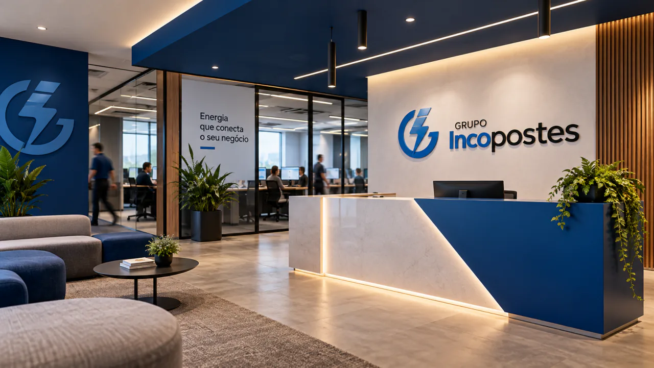 Mockup da nova marca do Grupo Incopostes aplicada na recepção do escritório