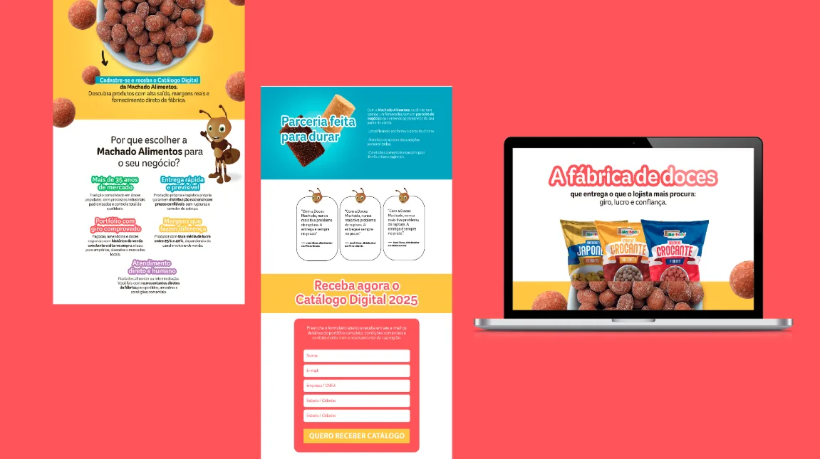 Landing page, depoimentos e formulário do funil da Machado Alimentos